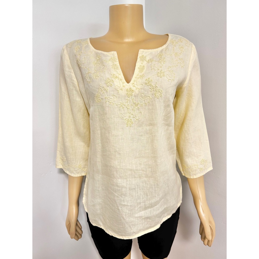 Edward Womens Pale Yellow 100% Irish Linen Embroidered Tunic Top Size S